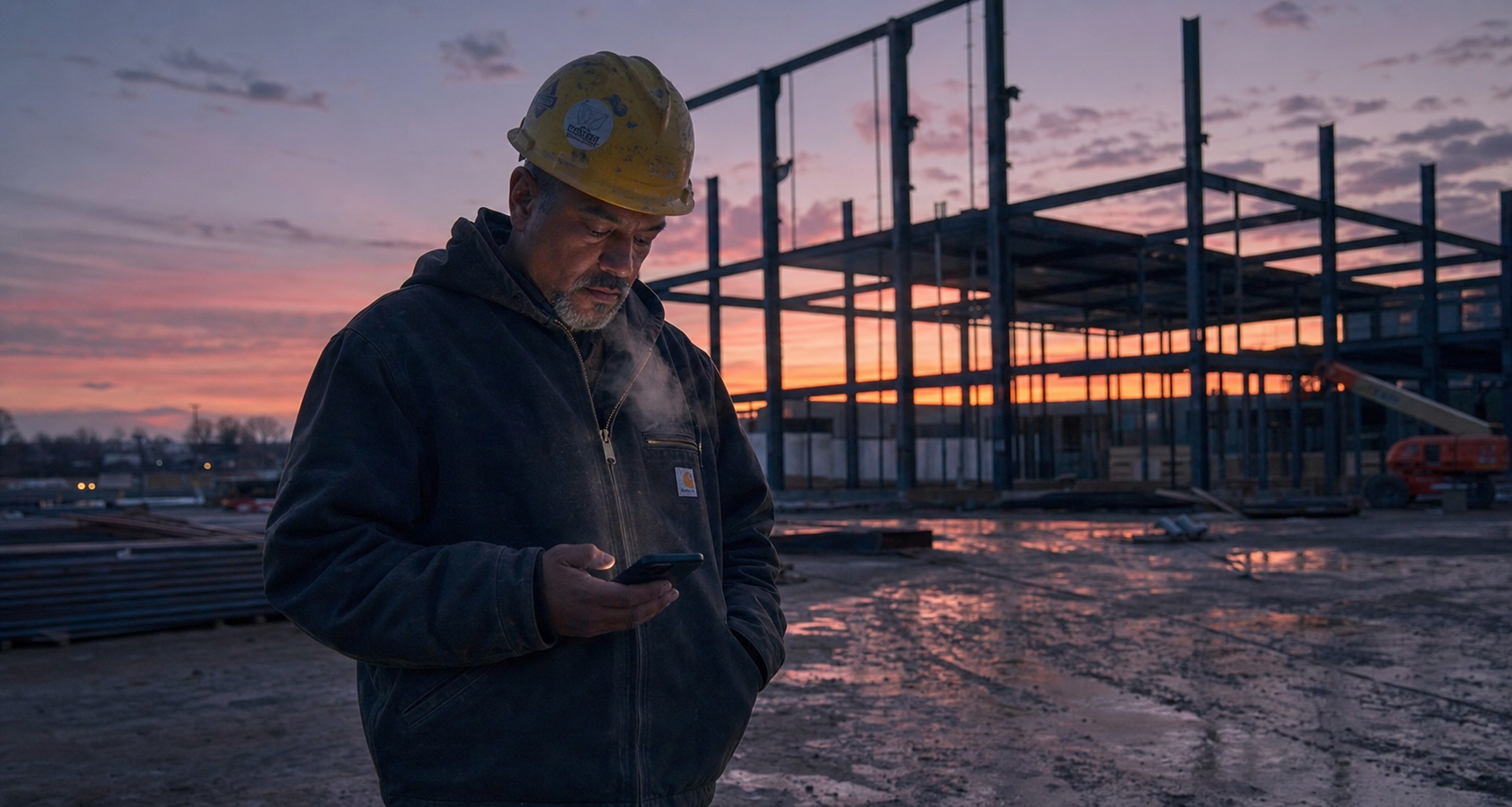 A construction worker at dusk, reading a message on his phone.