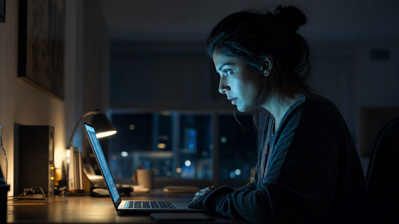 A woman documenting evidence on her laptop late at night.