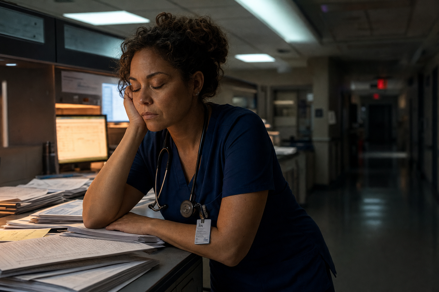 A nurse resting against a stack of paperwork at a hospital station.