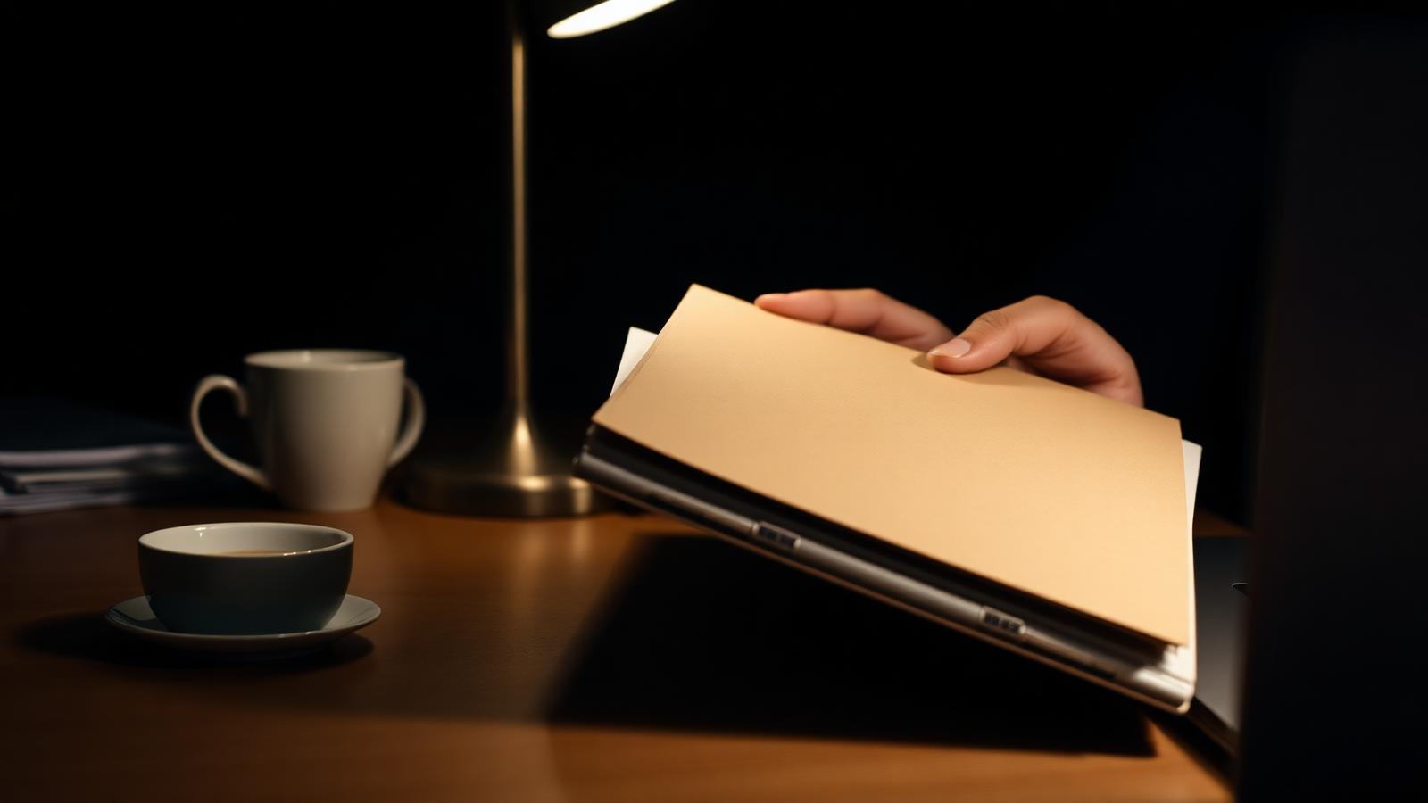 Hands holding a worn manila folder under a single lamp at night.