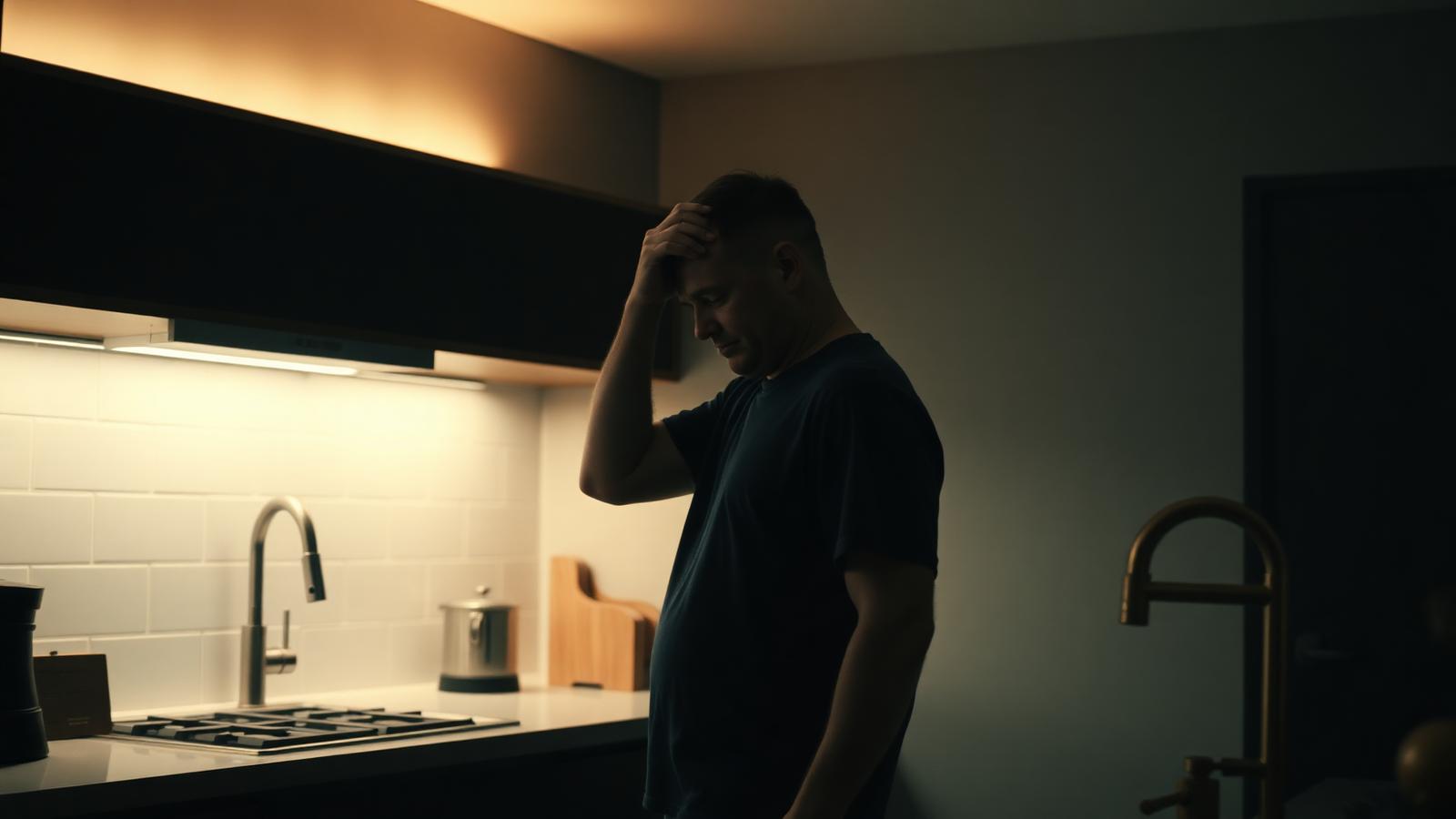A man stands alone at a kitchen counter late at night, exhausted.